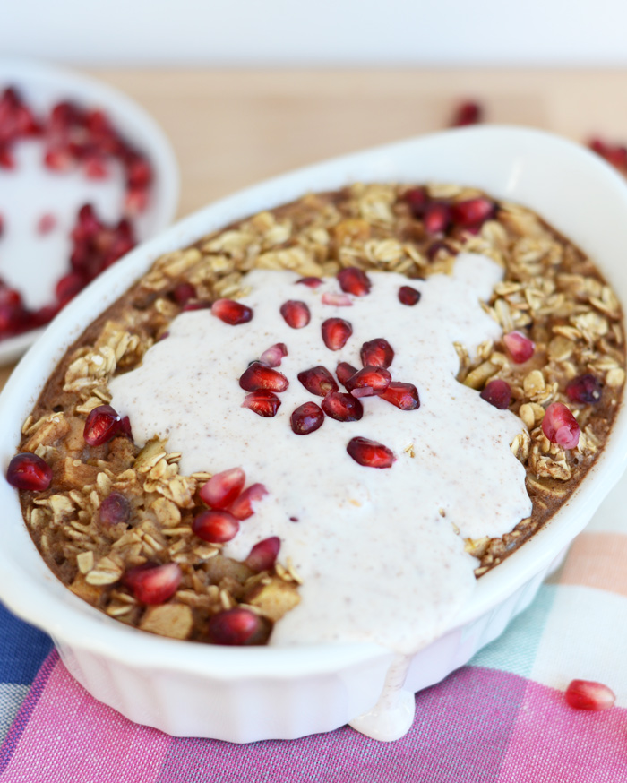 Apple Cinnamon Baked Oatmeal with Pomegranates and Cinnamon Leche Sauce