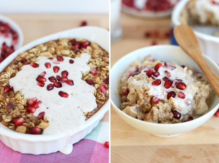 Apple Cinnamon Baked Oatmeal with Pomegranates and Cinnamon Leche Sauce