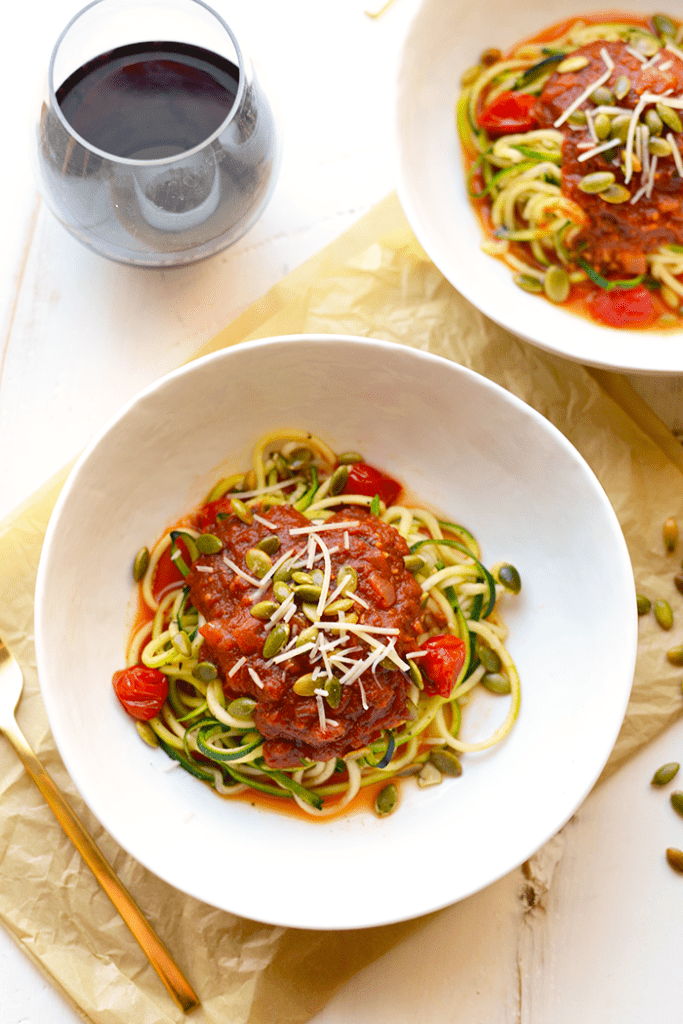 Got 30 minutes? Spiralize some zucchini and top them with a delicious pumpkin marinara for a meatless meal the whole family will love!