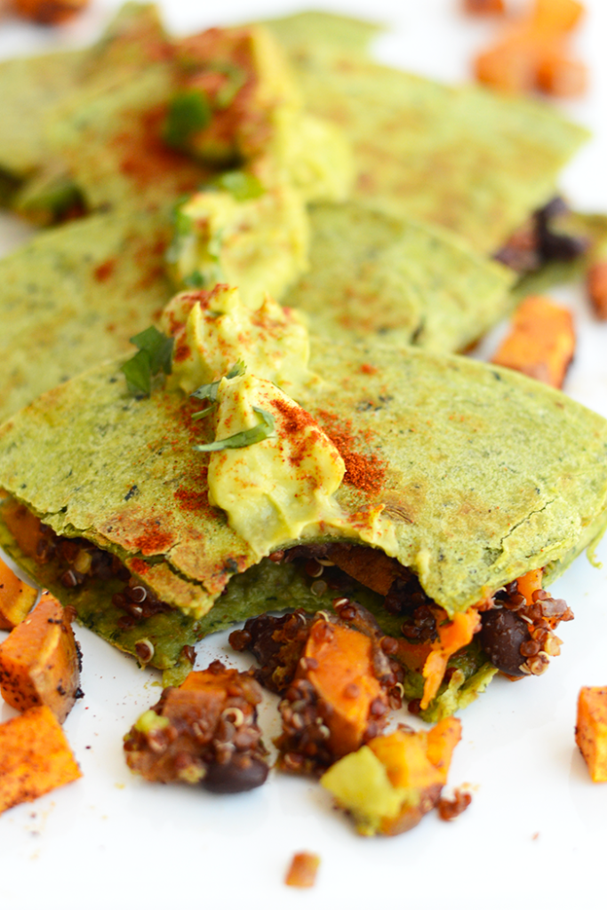 Make these cheese-free vegan sweet potato quesadillas that are packed with protein and flavor and topped with a delicious cilantro avocado spread!