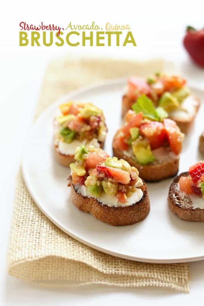 Get creative with your summer bruschetta recipe. Top a grilled piece of baguette with goat cheese and your favorite quinoa salad for a delicious warm-weather app!