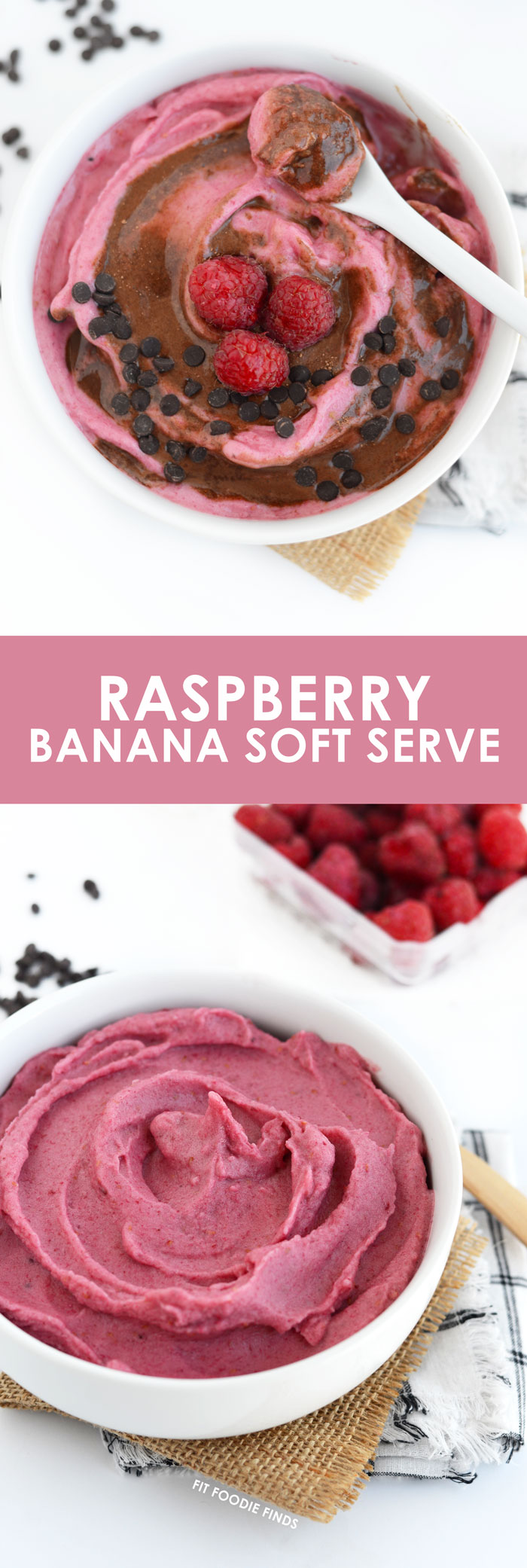 There's nothing better than a 5 minute dessert that is both vegan and paleo friendly. Make this Raspberry Banana Soft Serve with Chocolate Swirl for a guilt-free treat!