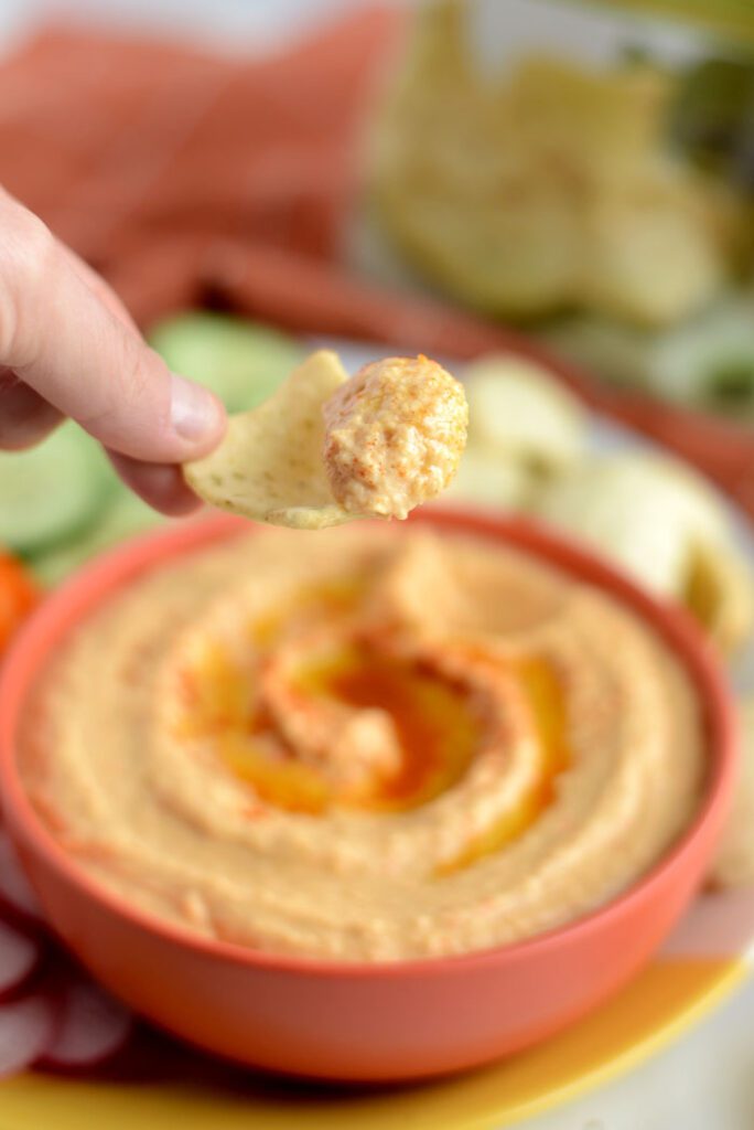 Homemade Roasted Red Pepper Hummus - an easy snack or appetizer to make at home!