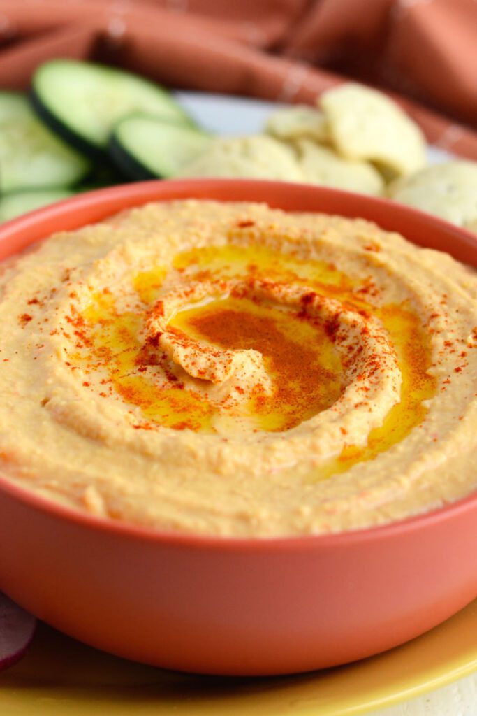 Homemade Roasted Red Pepper Hummus - an easy snack or appetizer to make at home!