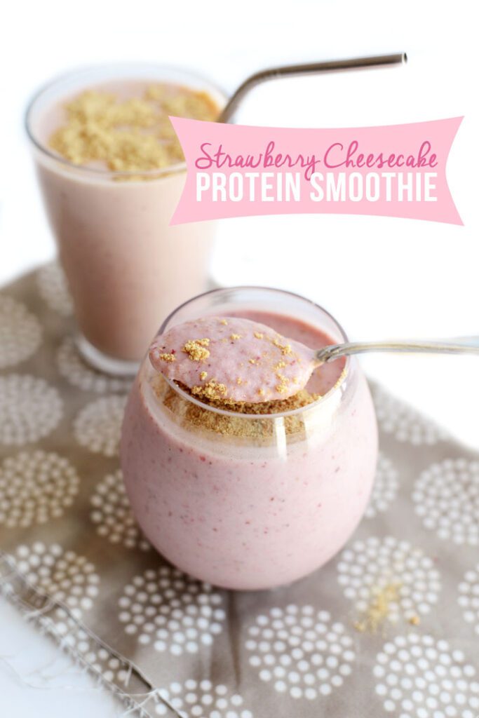 Strawberry Cheesecake Protein Smoothie- a delicious on-the-go meal packed with over 25g protein!