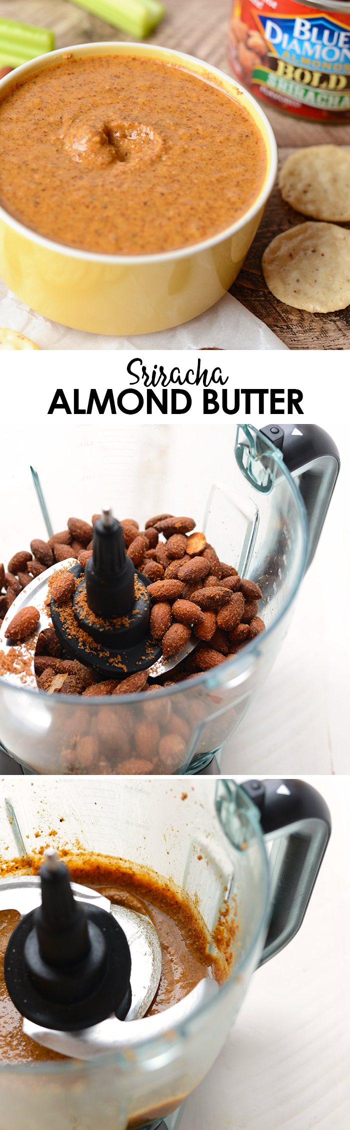 Get spicy with your nut butters and whirl up this sriracha almond butter for the most amazing veggie and cracker dip EVER. All you need is a single ingredient! 