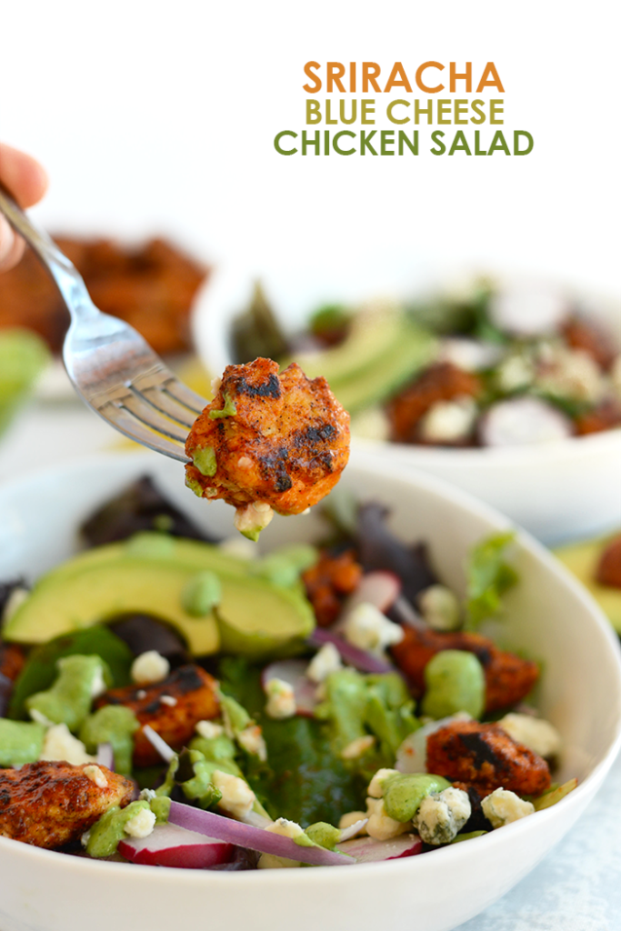 This Sriracha Chicken Salad is packed with veggies and blue cheese. It's topped with a homemade green goddess dressing that's made with a Greek yogurt base!