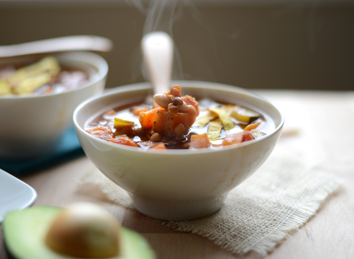 Vegan Sweet Potato Lentil Stew with Homemade Limey, Crunchy, Salty Tortilla Strip Soup Toppers