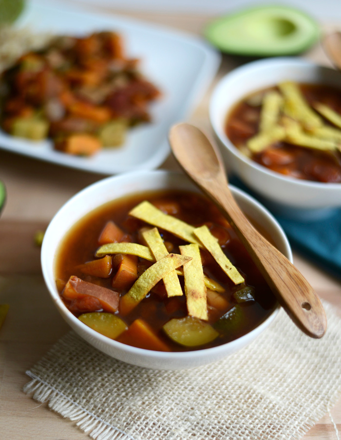 Vegan Sweet Potato Lentil Stew with Homemade Limey, Crunchy, Salty Tortilla Strip Soup Toppers