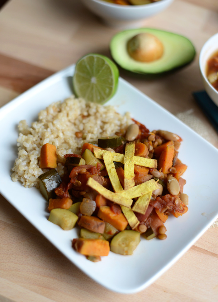 Vegan Sweet Potato Lentil Stew with Homemade Limey, Crunchy, Salty Tortilla Strip Soup Toppers