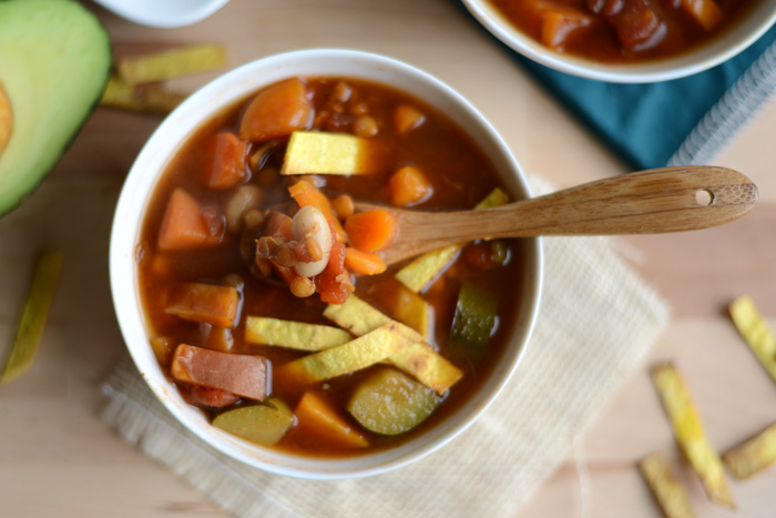 Vegan Sweet Potato Lentil Stew with Homemade Limey, Crunchy, Salty Tortilla Strip Soup Toppers