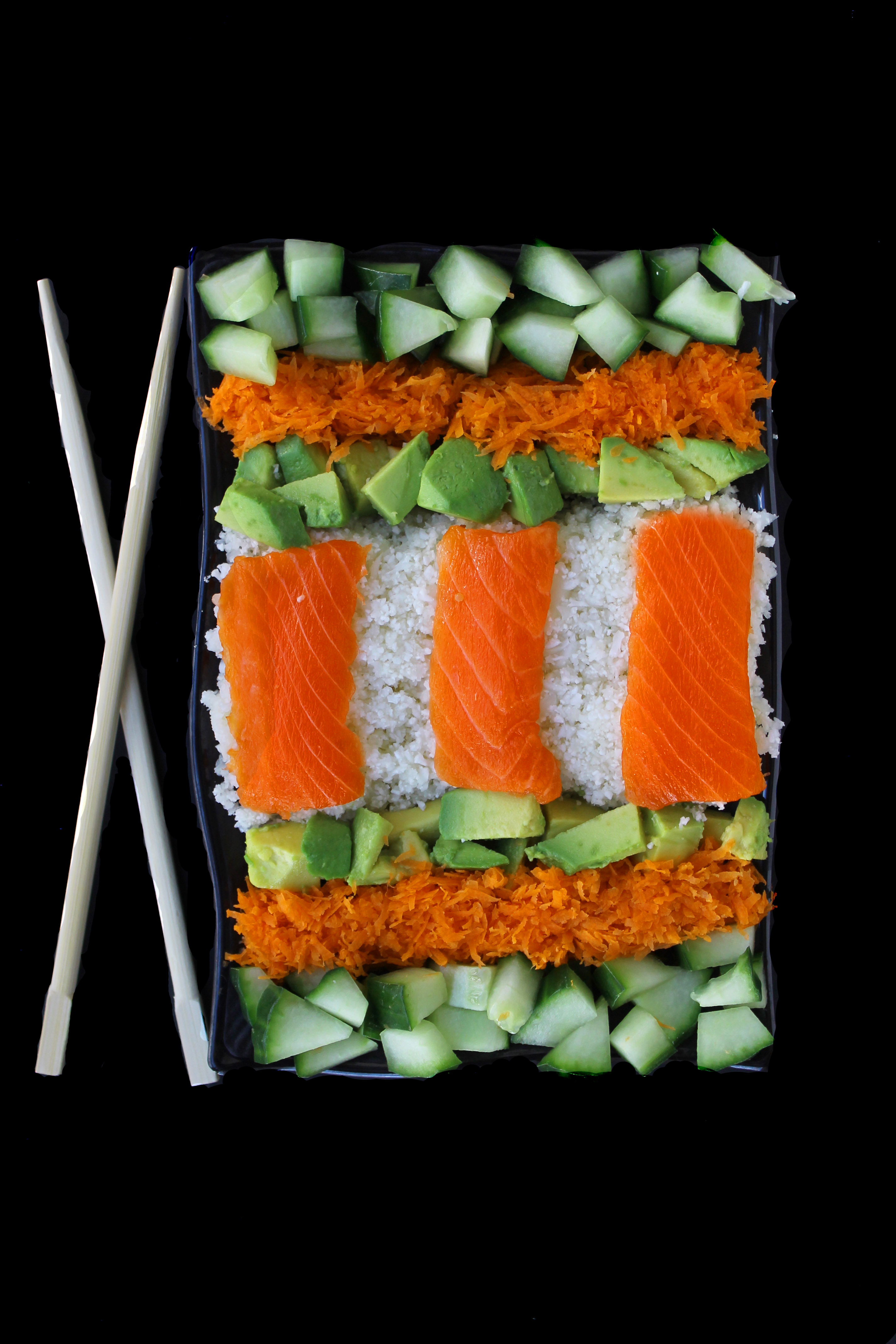 Sushi Salad with Cauliflower Rice and Carrot-Ginger Dressing