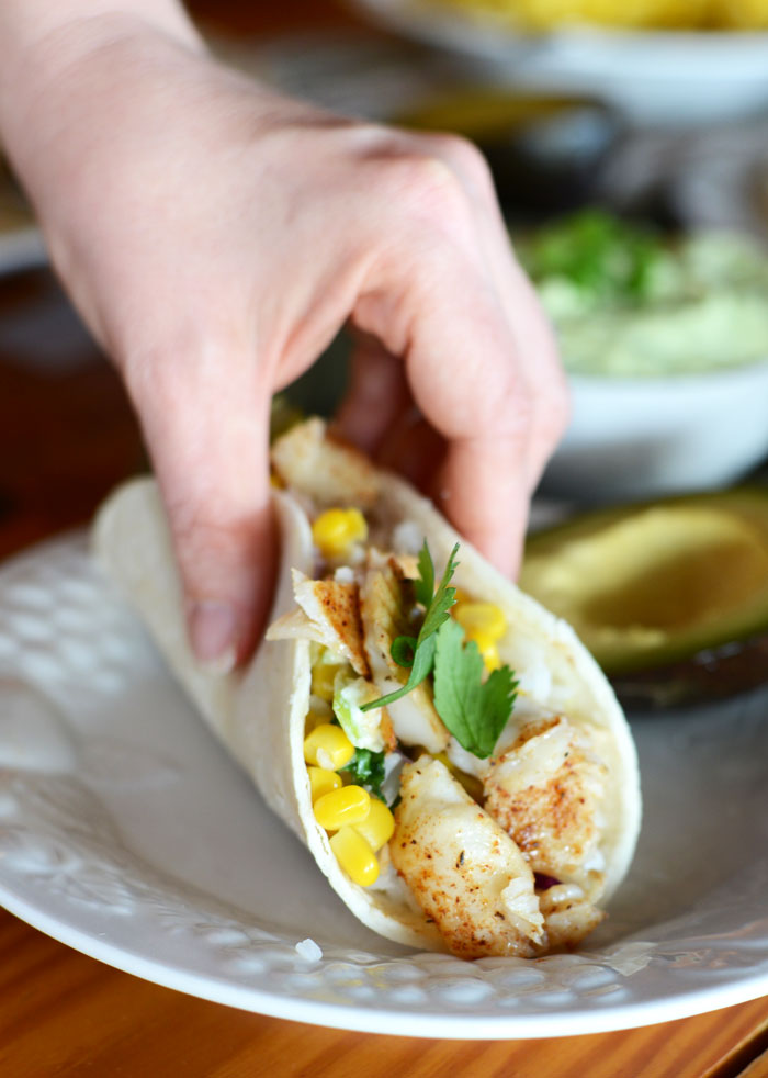 Jerk Fish Tacos with Asian Slaw and Avocado Lime Sauce