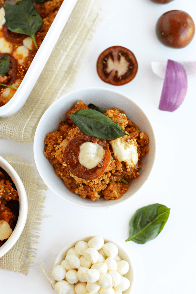 This Tuscan Chicken Quinoa Bake is packed with Italian flavors, kid-friendly, and has a whopping 40g protein per serving!