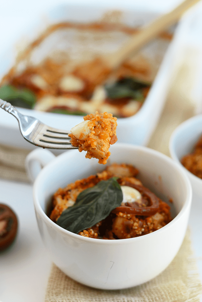 This Tuscan Chicken Quinoa Bake is packed with Italian flavors, kid-friendly, and has a whopping 40g protein per serving!