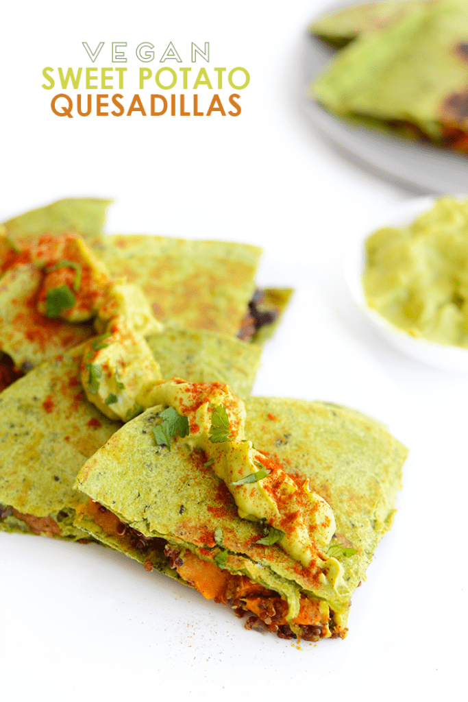 Make these cheese-free vegan sweet potato quesadillas that are packed with protein and flavor and topped with a delicious cilantro avocado spread!