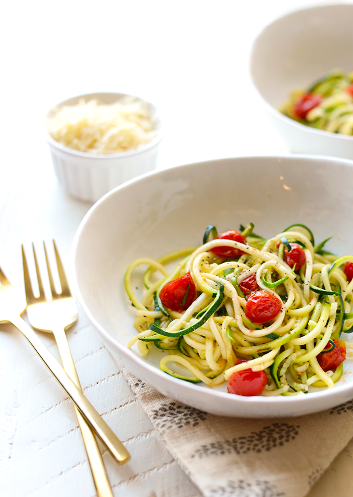 Got 30 minutes? Spiralize some zucchini and top them with a delicious pumpkin marinara for a meatless meal the whole family will love!