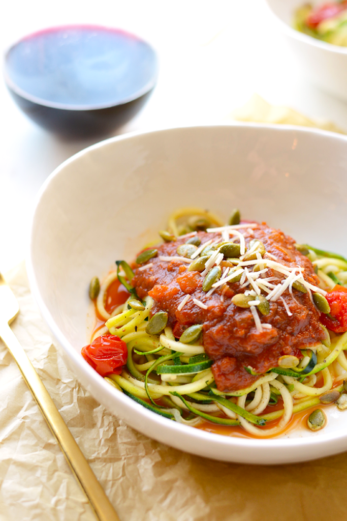 Got 30 minutes? Spiralize some zucchini and top them with a delicious pumpkin marinara for a meatless meal the whole family will love!