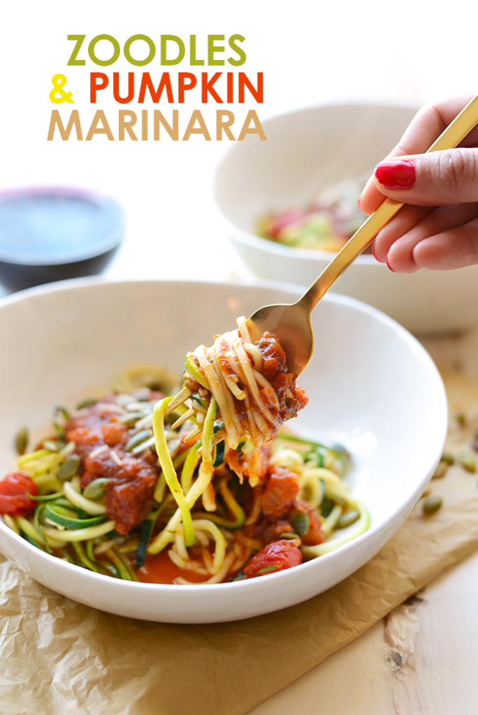 Got 30 minutes? Spiralize some zucchini and top them with a delicious pumpkin marinara for a meatless meal the whole family will love!