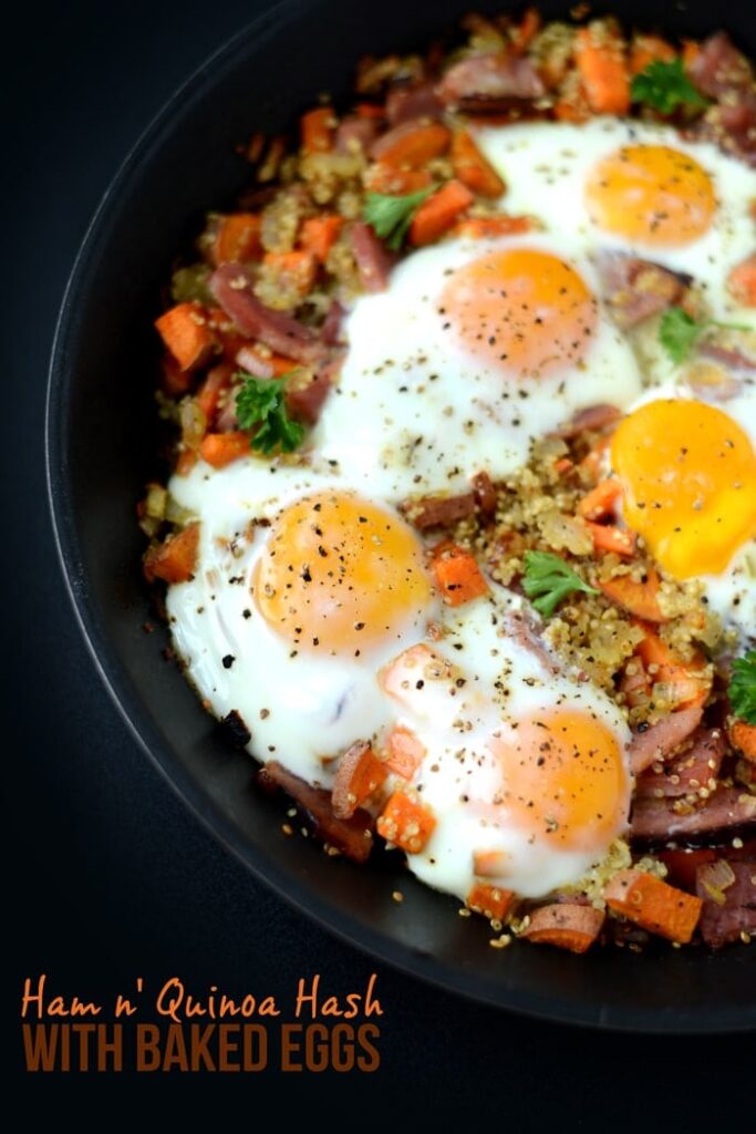 This Ham and Quinoa Hash with Baked Eggs is the perfect protein packed meal for the holidays!