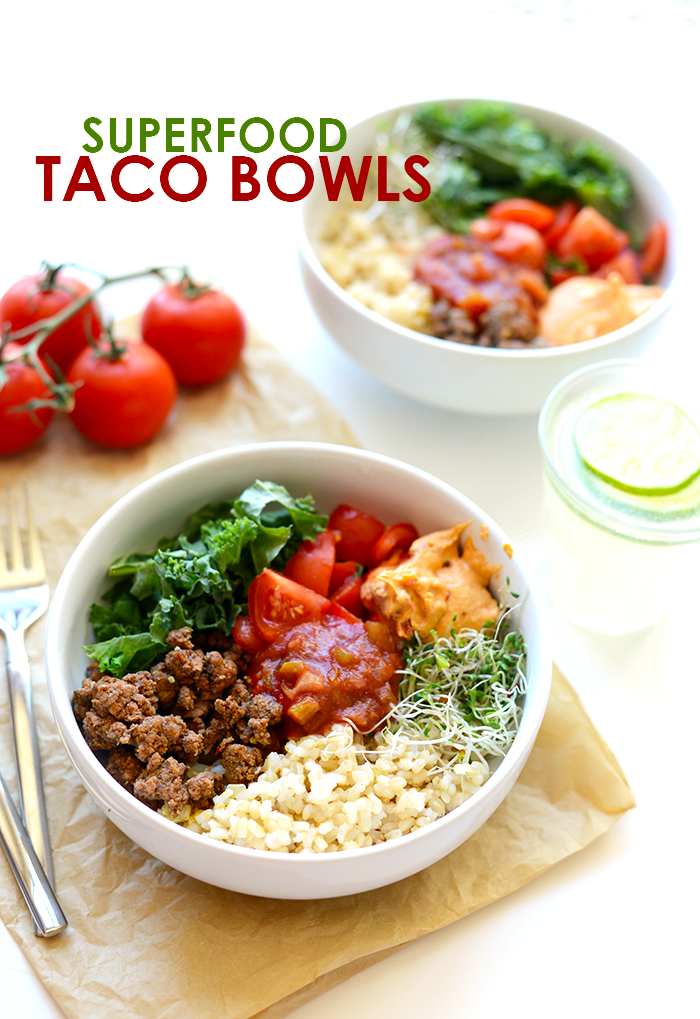 This is meal prep at its finest! Prep everything for these delicious superfood taco bowls at the beginning of the week to have a healthy fulfilling meal all week long! 