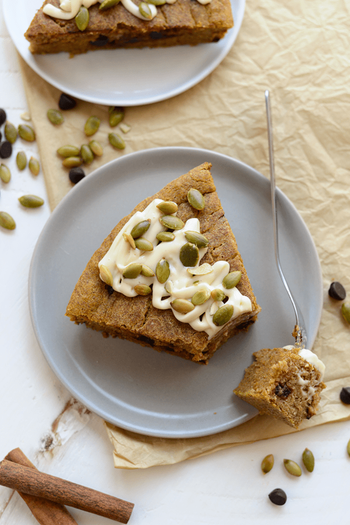 Waking up to this chocolate chip pumpkin breakfast cake and a hot cup of coffee will give you an automatic happy belly and a great day!