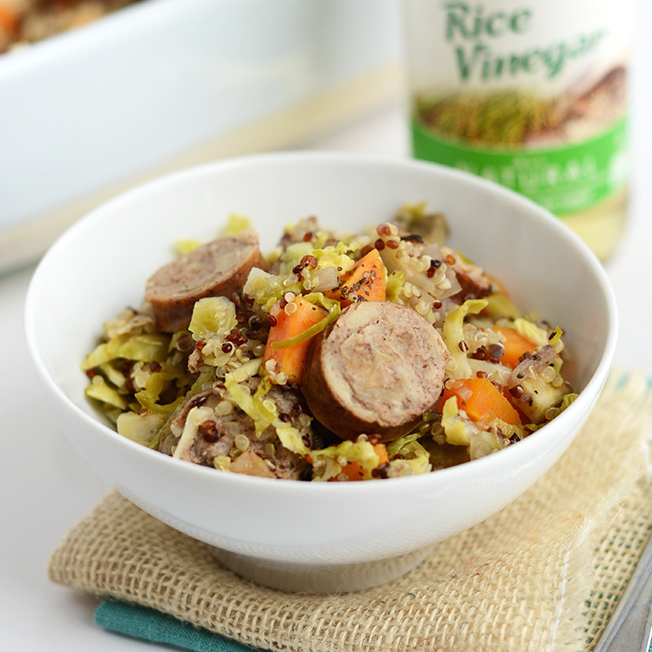 Apple Chicken Sausage Quinoa Bake with Shredded Brussels Sprouts and Sweet Potatoes