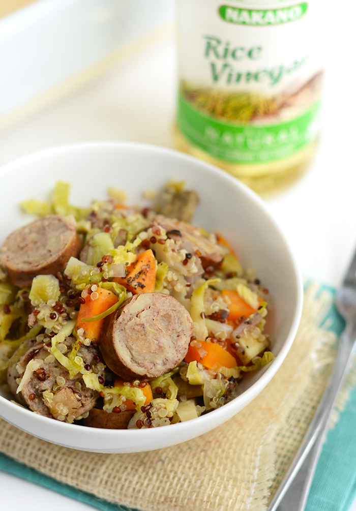 Apple Chicken Sausage Quinoa Bake with Shredded Brussels Sprouts and Sweet Potatoes