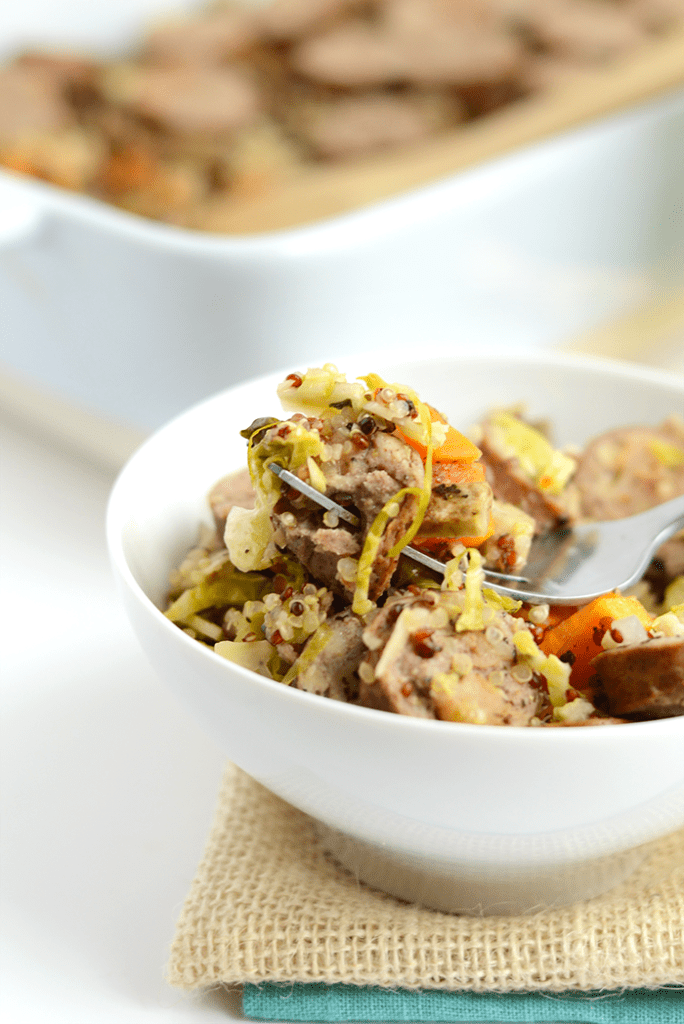 Apple Chicken Sausage Quinoa Bake with Shredded Brussels Sprouts and Sweet Potatoes