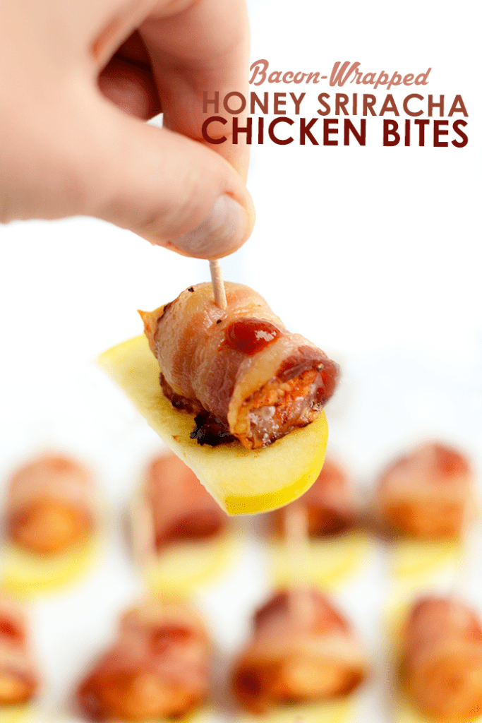 Serve these Bacon-Wrapped Honey Sriracha Chicken Bites on a piece of apple for the most delicious, paleo-friendly appetizer that only takes 30 minutes to make!