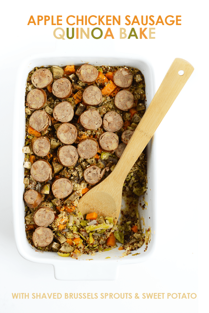 Apple Chicken Sausage Quinoa Bake with Shredded Brussels Sprouts and Sweet Potatoes