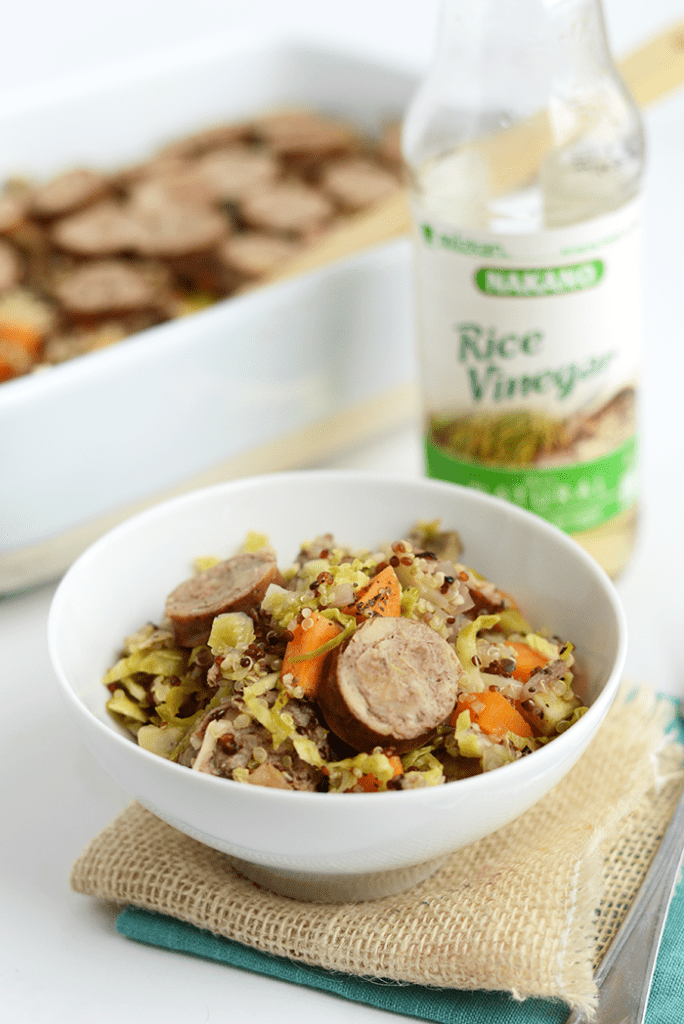 Apple Chicken Sausage Quinoa Bake with Shredded Brussels Sprouts and Sweet Potatoes