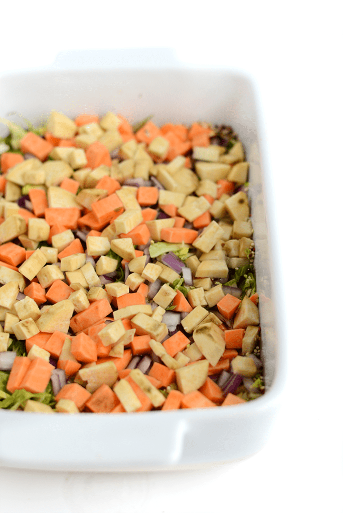 Apple Chicken Sausage Quinoa Bake with Shredded Brussels Sprouts and Sweet Potatoes