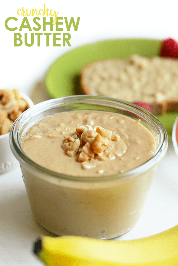 Make your own crunchy cashew butter with just a few simple ingredients, a food processor, and 10 minutes! No added sugar or additives involved!