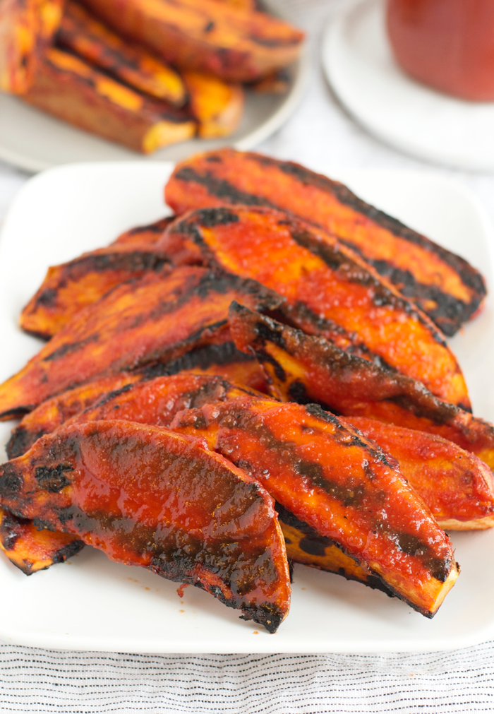 Sweet Maple BBQ Grilled Sweet Potato Wedges made with homemade BBQ sauce!