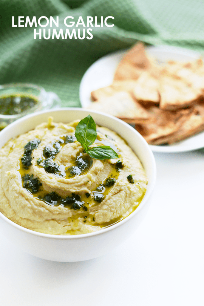 Got 5 minutes? Make this healthy lemon garlic hummus and pair it with whole wheat pita bread for a delicious fiber-filled snack!