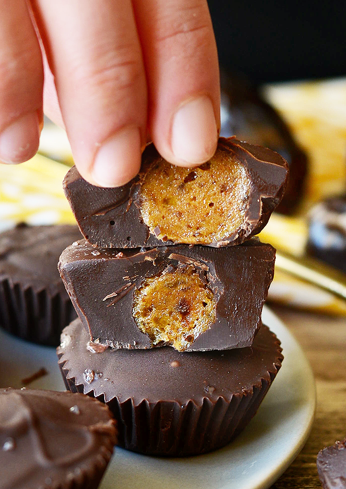 Healthy Salted Caramel Cups, it's a real thing! All you need are 4 simple ingredients to make this decadent dessert that's paleo and vegan-friendly!