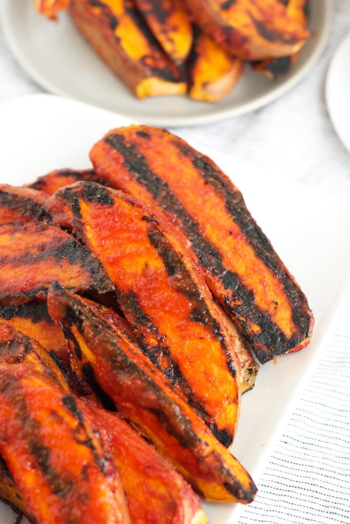 Sweet Maple BBQ Grilled Sweet Potato Wedges made with homemade BBQ sauce!